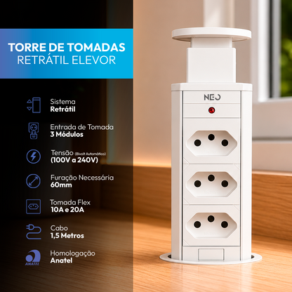 Torre de Tomada Retrátil Branco 3 Tomadas Multiplug Subida Manual Elevor Bivolt
