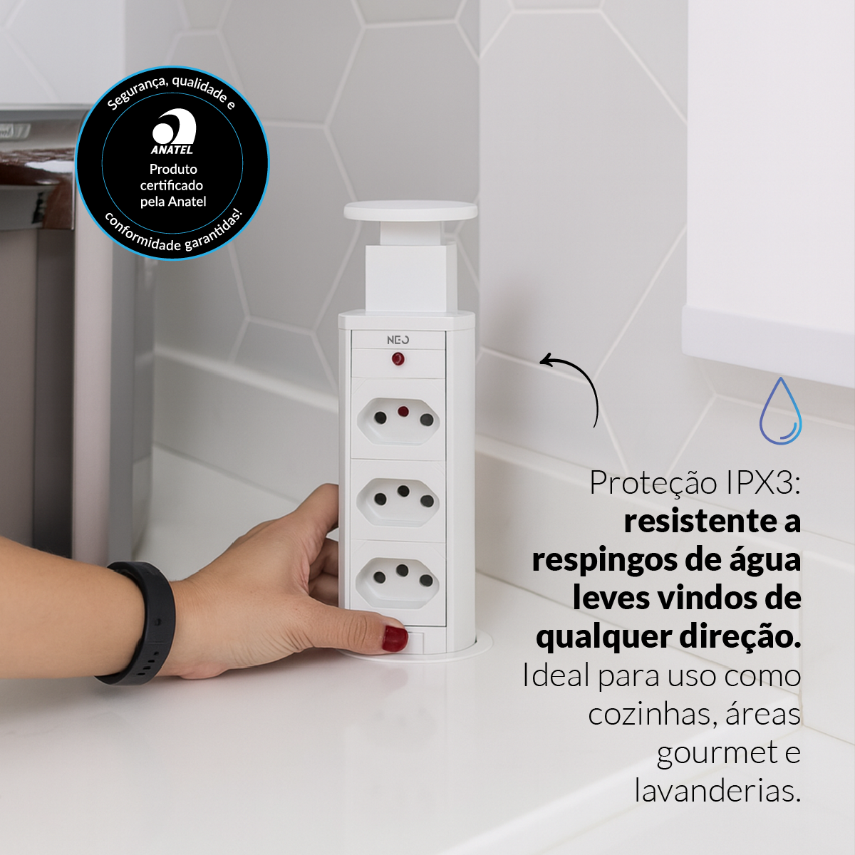 Torre de Tomada Retrátil Branco 3 Tomadas Multiplug Subida Manual Elevor Bivolt