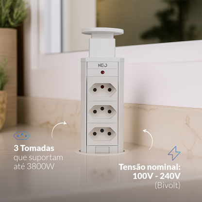 Torre de Tomada Retrátil Branco 3 Tomadas Multiplug Subida Manual Elevor Bivolt