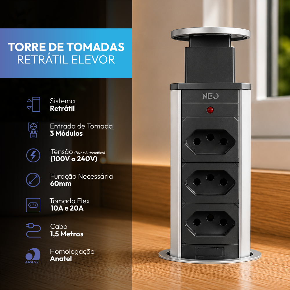 Torre de Tomada Retrátil Cinza 3 Tomadas Multiplug Subida Manual Elevor Bivolt