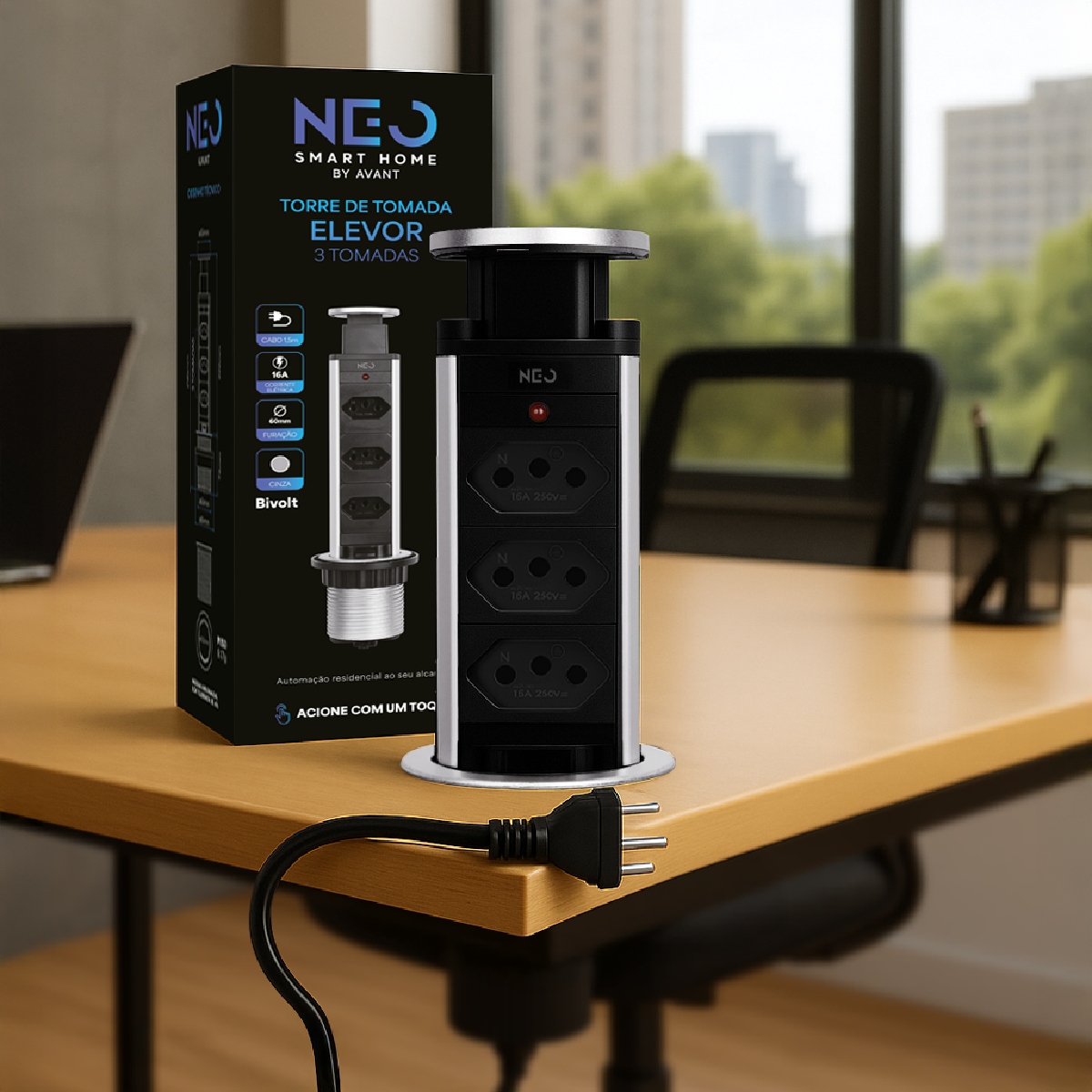 Torre de Tomada Retrátil Cinza 3 Tomadas Multiplug Elevor Bivolt