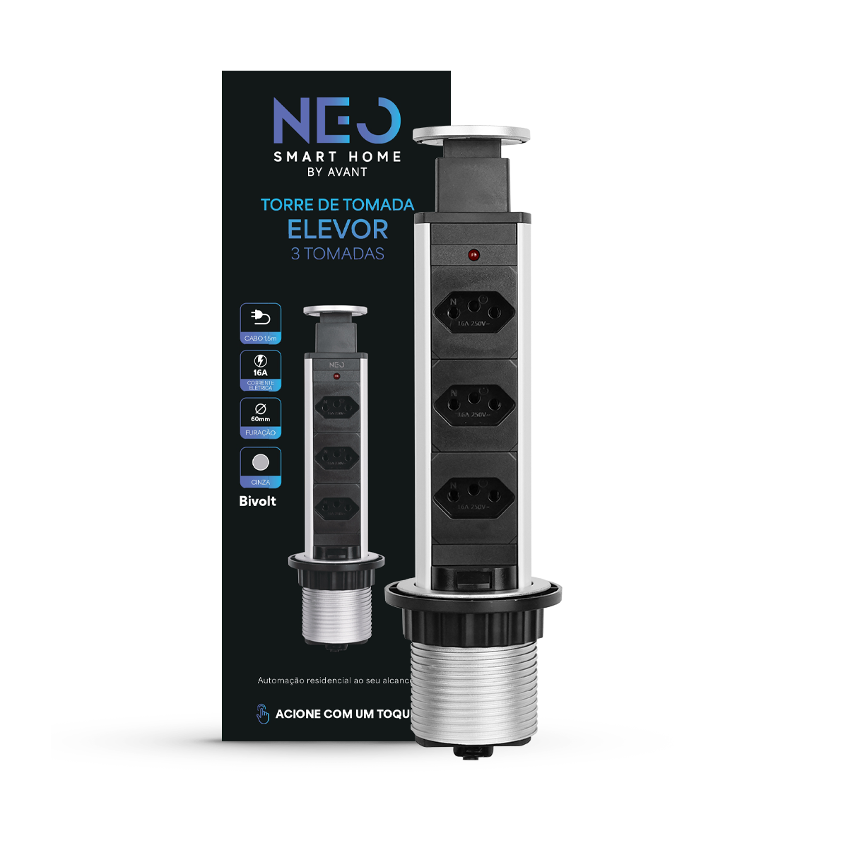 Torre de Tomada Retrátil Cinza 3 Tomadas Multiplug Subida Manual Elevor Bivolt