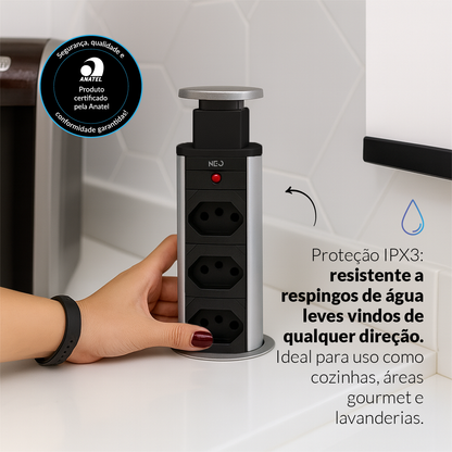 Torre de Tomada Retrátil Cinza 3 Tomadas Multiplug Subida Manual Elevor Bivolt