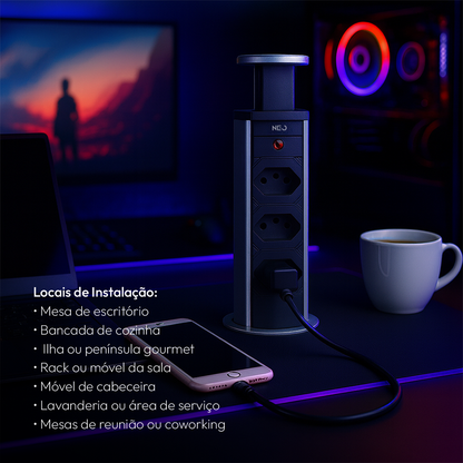 Torre de Tomada Retrátil Cinza 3 Tomadas Multiplug Elevor Bivolt