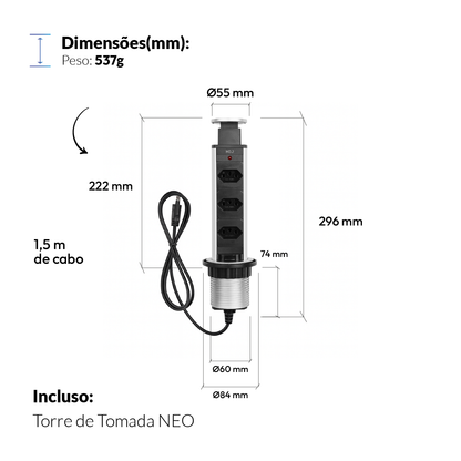 Torre de Tomada Retrátil Cinza 3 Tomadas Multiplug Elevor Bivolt
