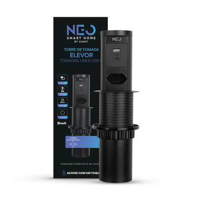 Torre de Tomadas Retrátil Preto 1 Tomada Multiplug USB e USB C Subida Automática Elevor Bivolt