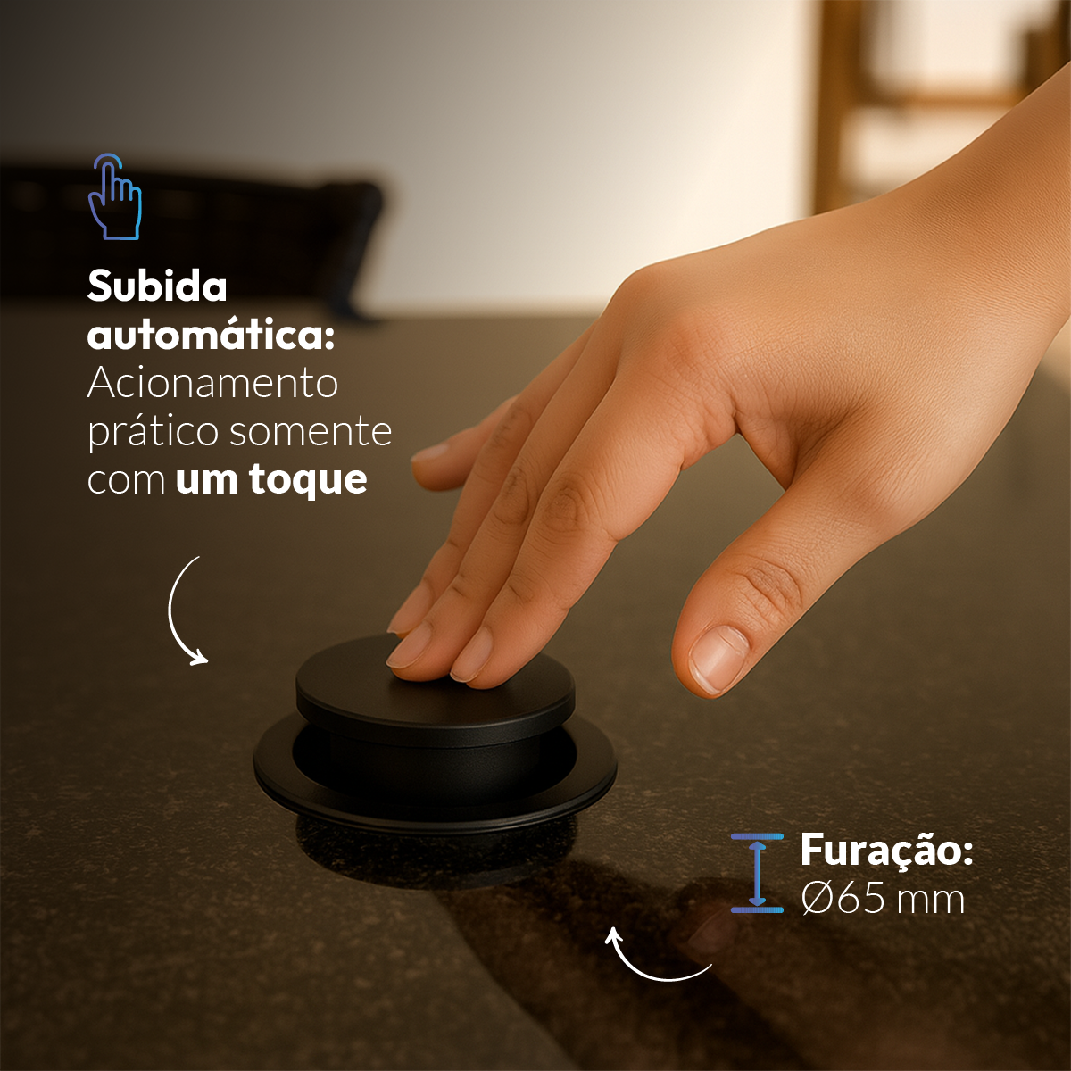 Torre de Tomadas Retrátil Preto 1 Tomada Multiplug USB e USB C Subida Automática Elevor Bivolt
