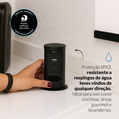 Torre de Tomadas Retrátil Preto 1 Tomada Multiplug USB e USB C Subida Automática Elevor Bivolt