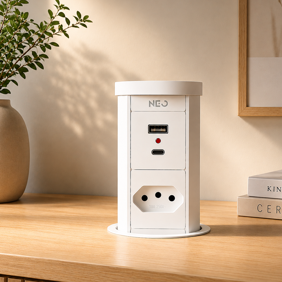 Torre de Tomadas Retrátil Branco 1 Tomada Multiplug USB e USB C Subida Automática Elevor Bivolt