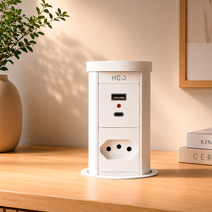 Torre de Tomadas Retrátil Branco 1 Tomada Multiplug USB e USB C Subida Automática Elevor Bivolt