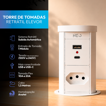 Torre de Tomadas Retrátil Branco 1 Tomada Multiplug USB e USB C Subida Automática Elevor Bivolt