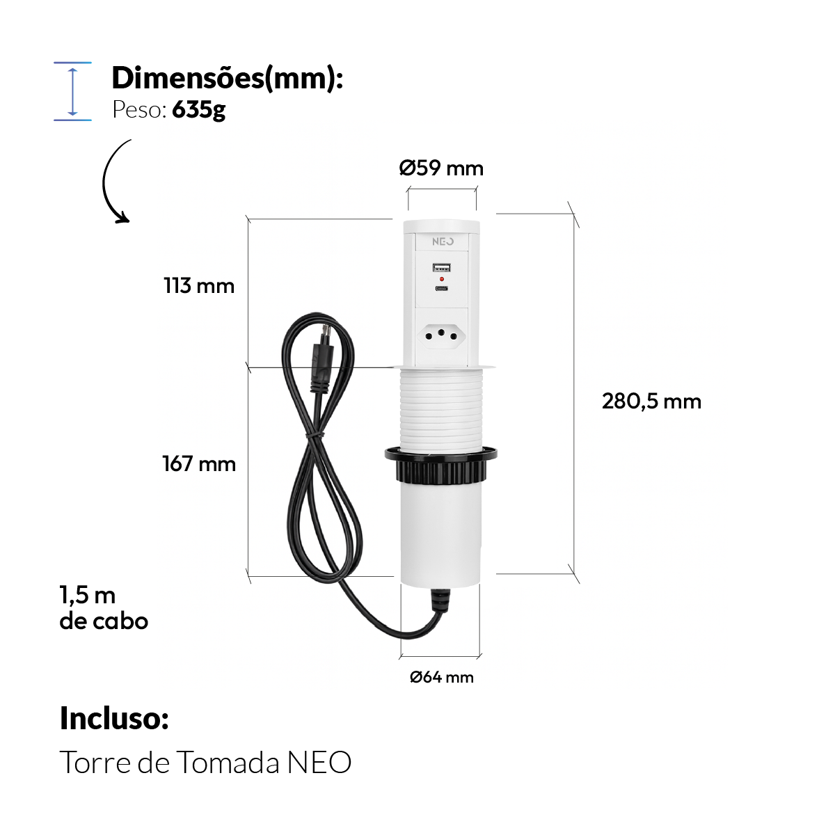 Torre de Tomadas Retrátil Branco 1 Tomada Multiplug USB e USB C Subida Automática Elevor Bivolt