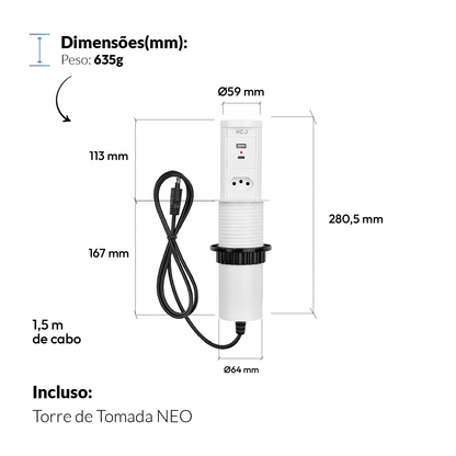 Torre de Tomadas Retrátil Branco 1 Tomada Multiplug USB e USB C Subida Automática Elevor Bivolt