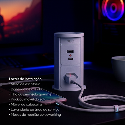 Torre de Tomadas Retrátil Branco 1 Tomada Multiplug USB e USB C Elevor Bivolt