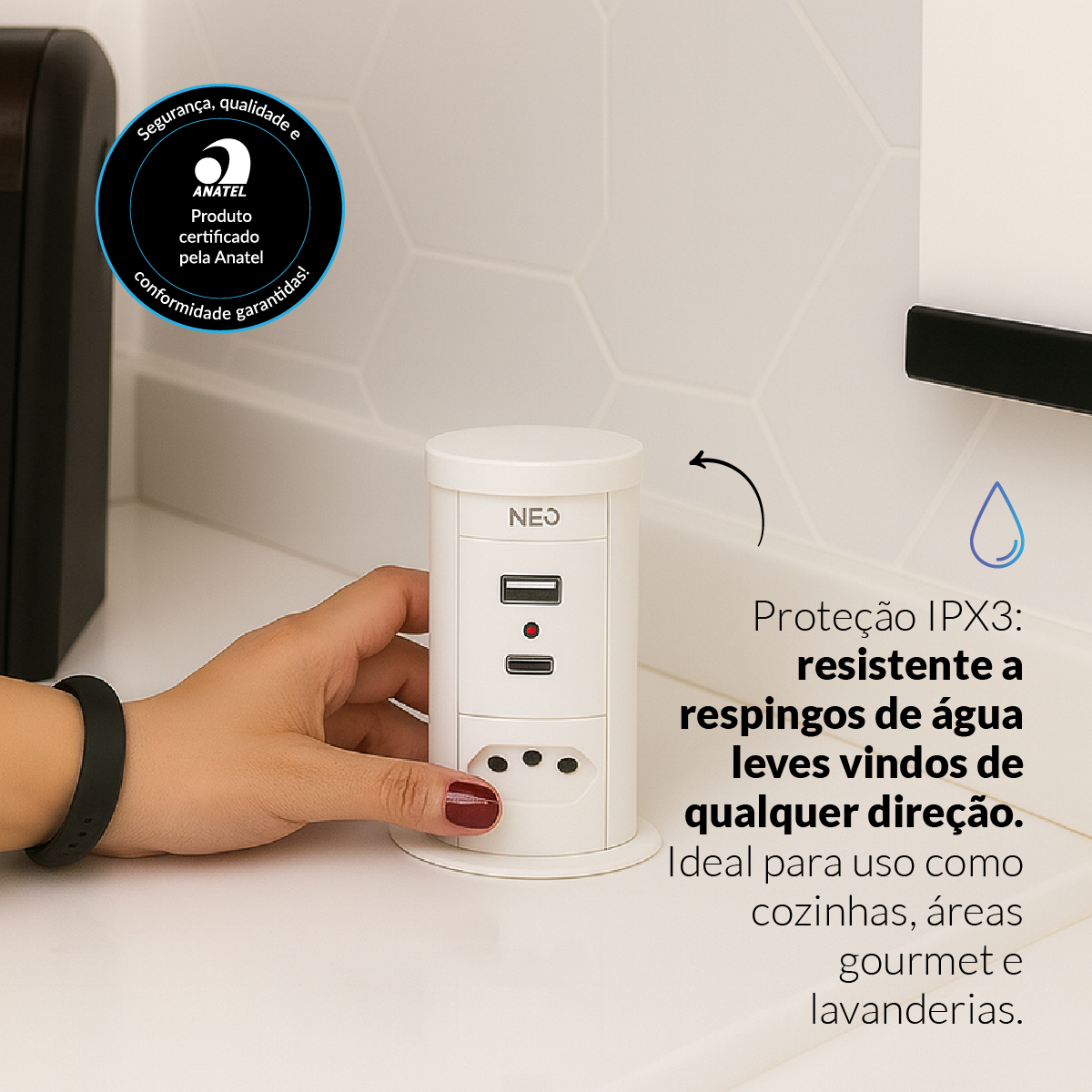 Torre de Tomadas Retrátil Branco 1 Tomada Multiplug USB e USB C Subida Automática Elevor Bivolt