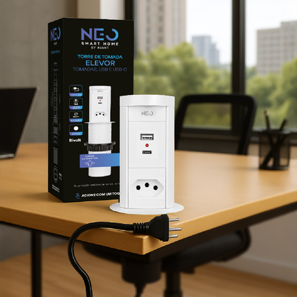 Torre de Tomadas Retrátil Branco 1 Tomada Multiplug USB e USB C Elevor Bivolt