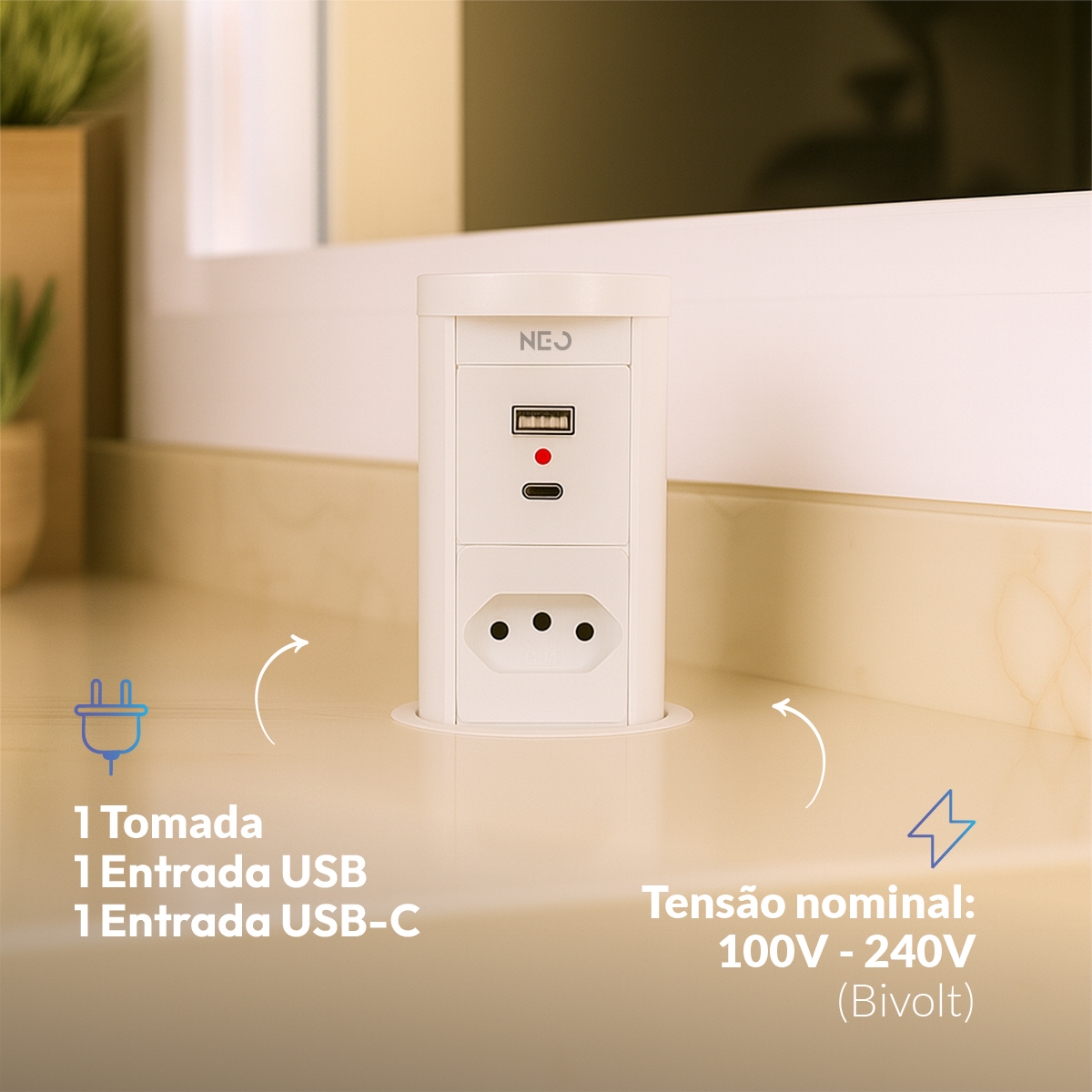 Torre de Tomadas Retrátil Branco 1 Tomada Multiplug USB e USB C Subida Automática Elevor Bivolt