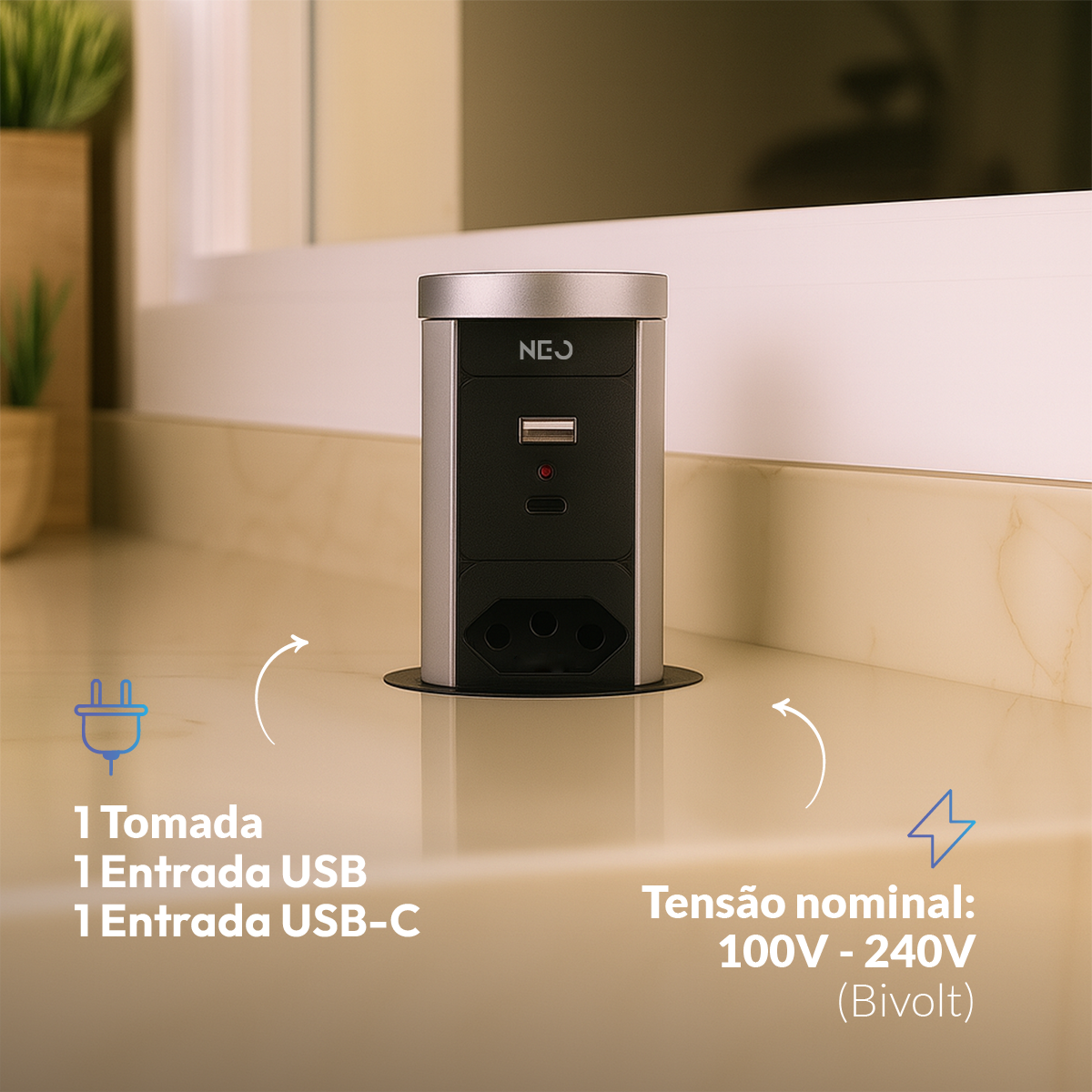 Torre de Tomadas Retrátil Cinza 1 Tomada Multiplug USB e USB C Subida Automática Elevor Bivolt