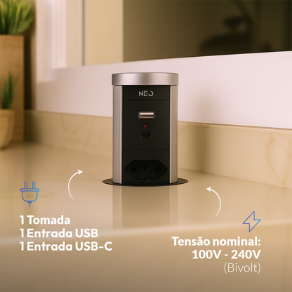 Torre de Tomadas Retrátil Cinza 1 Tomada Multiplug USB e USB C Subida Automática Elevor Bivolt
