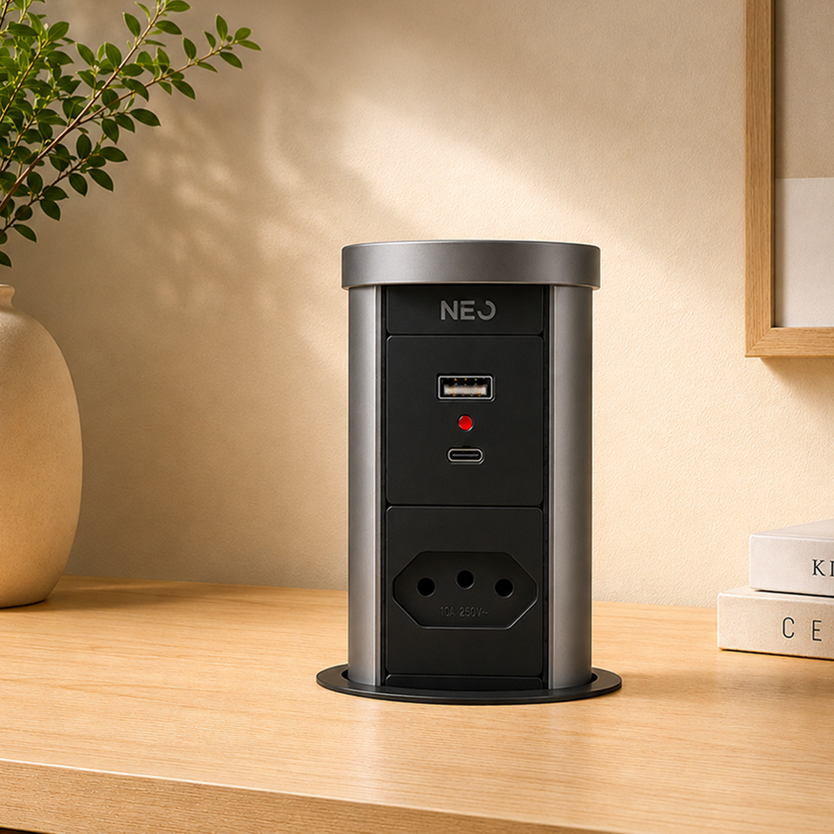 Torre de Tomadas Retrátil Cinza 1 Tomada Multiplug USB e USB C Subida Automática Elevor Bivolt
