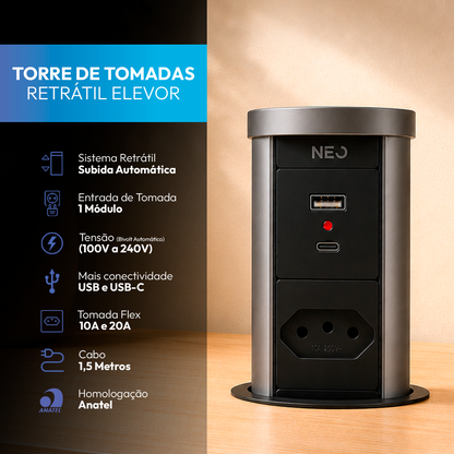 Torre de Tomadas Retrátil Cinza 1 Tomada Multiplug USB e USB C Subida Automática Elevor Bivolt