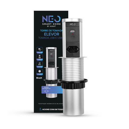 Torre de Tomadas Retrátil Cinza 1 Tomada Multiplug USB e USB C Subida Automática Elevor Bivolt