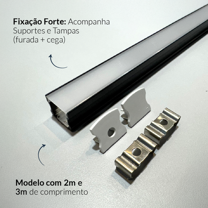 Perfil Led Barra 2m Slat 17x15mm Sobrepor Preto Alut