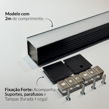 Perfil Led Barra 2m Slat 35x35mm Sobrepor Preto Alut