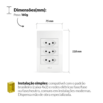 Tomada Flex Trio com 3 Saídas 4x2 10A e 20A Bivolt Branco Avant Neo - NEO Avant