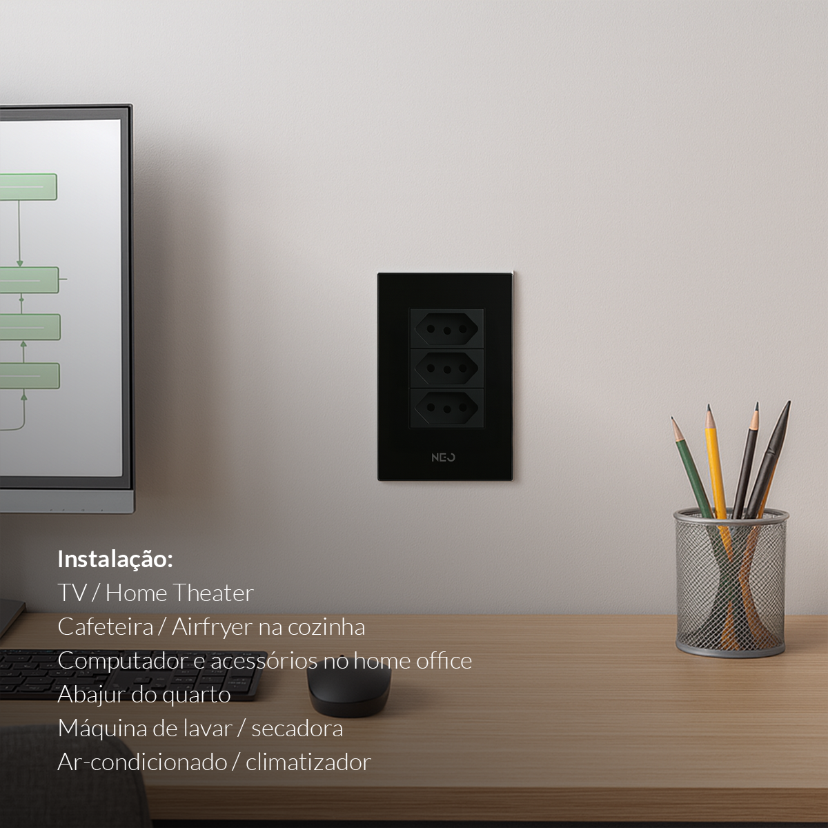 Tomada Flex Trio com 3 Saídas 4x2 10A e 20A Bivolt Preto Avant Neo - NEO Avant