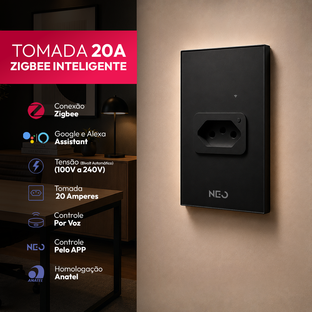 Tomada Inteligente Zigbee 20A Bivolt Preto Neo