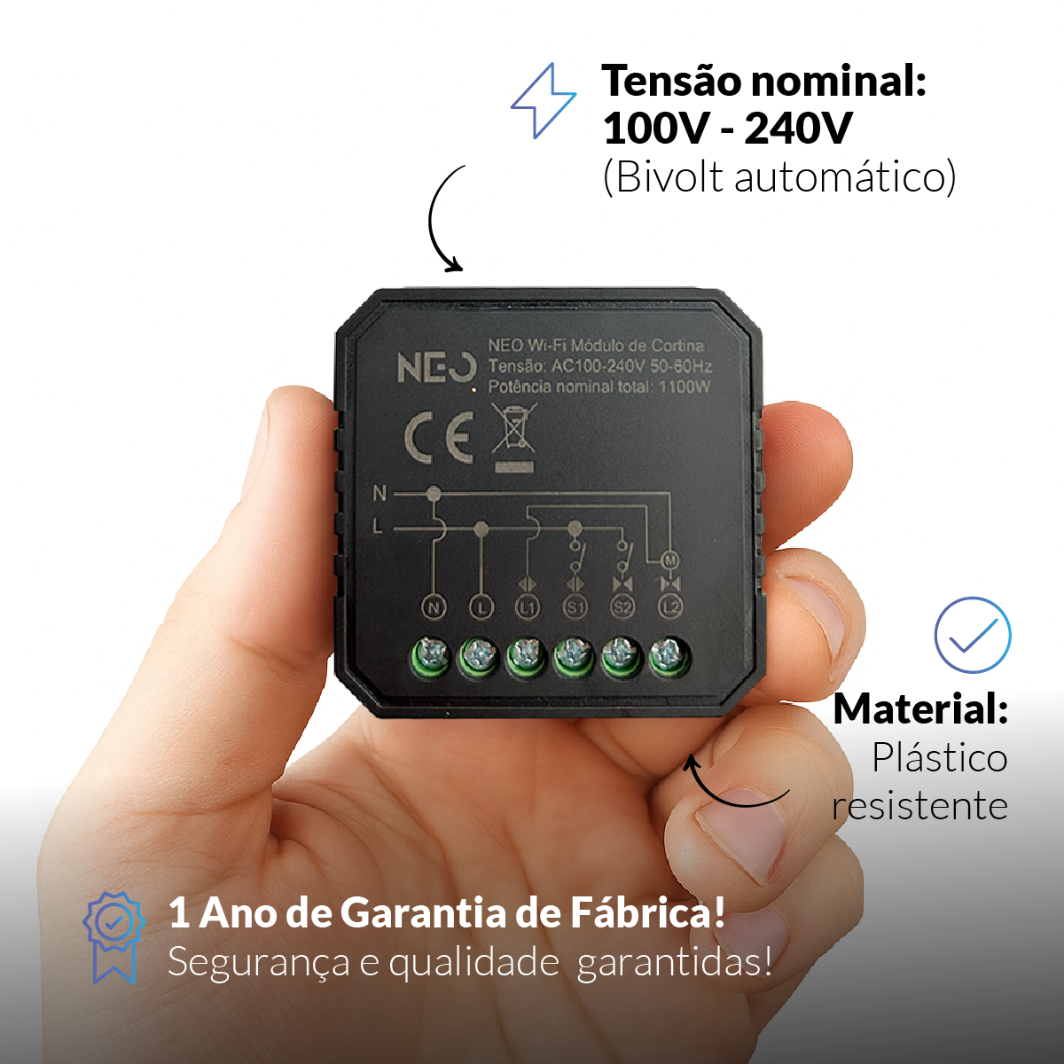 Modulo Interruptor Relé de Cortina Wi-fi 2.4 GHz Sobrepor 10A 110v/220v Branco Avant Neo - NEO Avant
