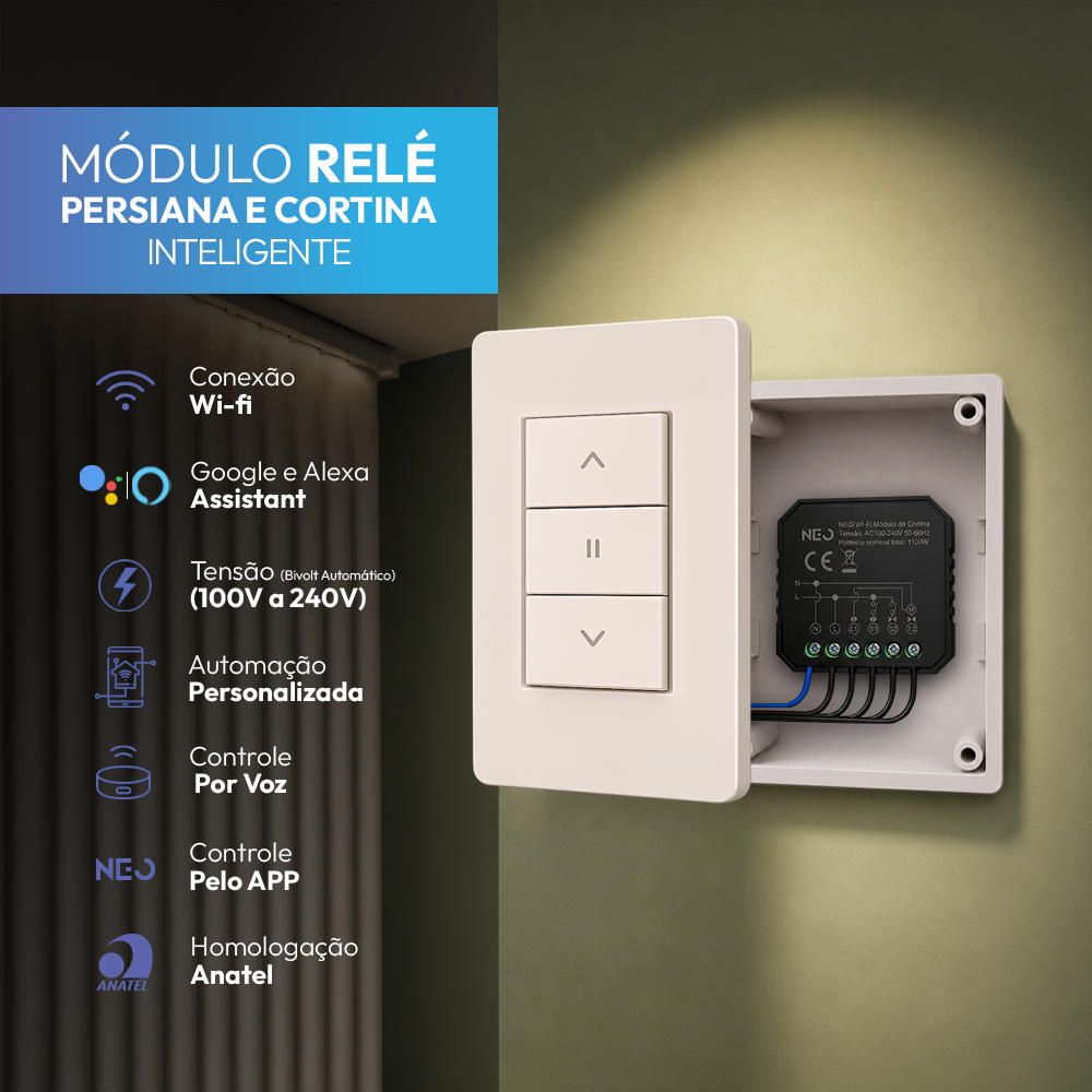 Mini Módulo Relé de Cortina Wifi Sobrepor 10A Bivolt Branco Neo