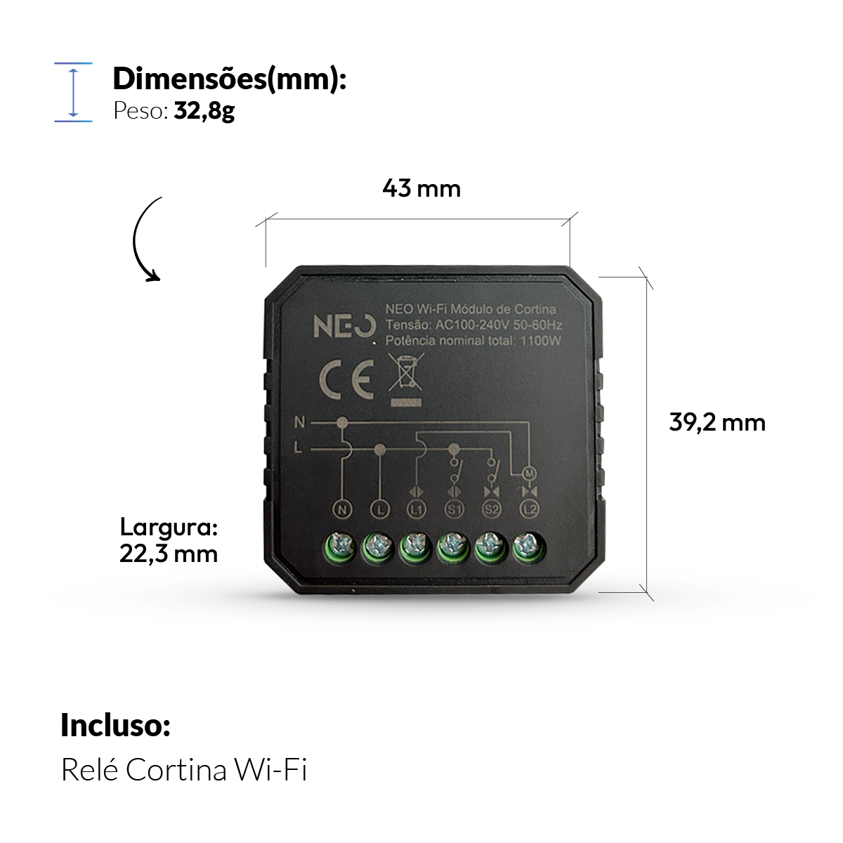Mini Módulo Relé de Cortina Wifi Sobrepor 10A Bivolt Branco Neo