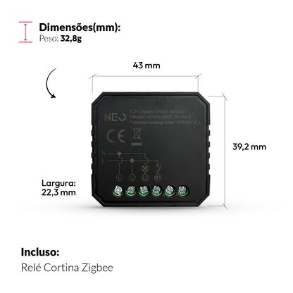 Mini Módulo Relé de Cortina Zigbee Sobrepor 10A Bivolt Branco Neo