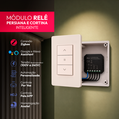 Mini Módulo Relé de Cortina Zigbee Sobrepor 10A Bivolt Branco Neo